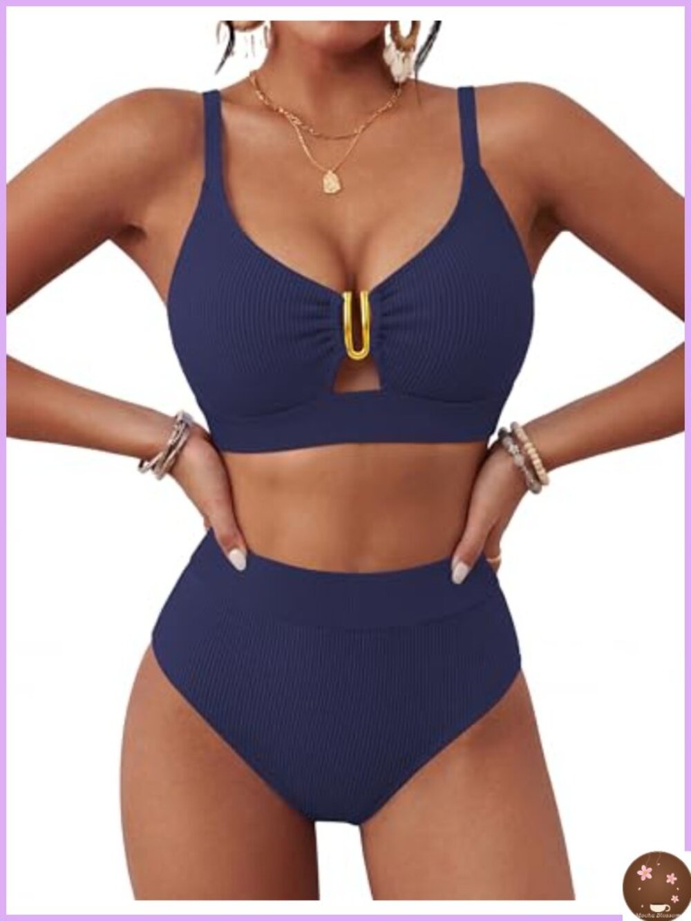 Women's High Waisted Ribbed Bikini Set V Neck Lace Up Back Swimsuits